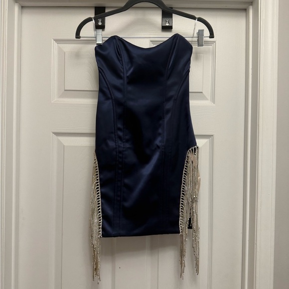 OH POLLY. Euphoria Embellished Bustier Satin Mini Dress Navy Blue Size 2 - Picture 4 of 9